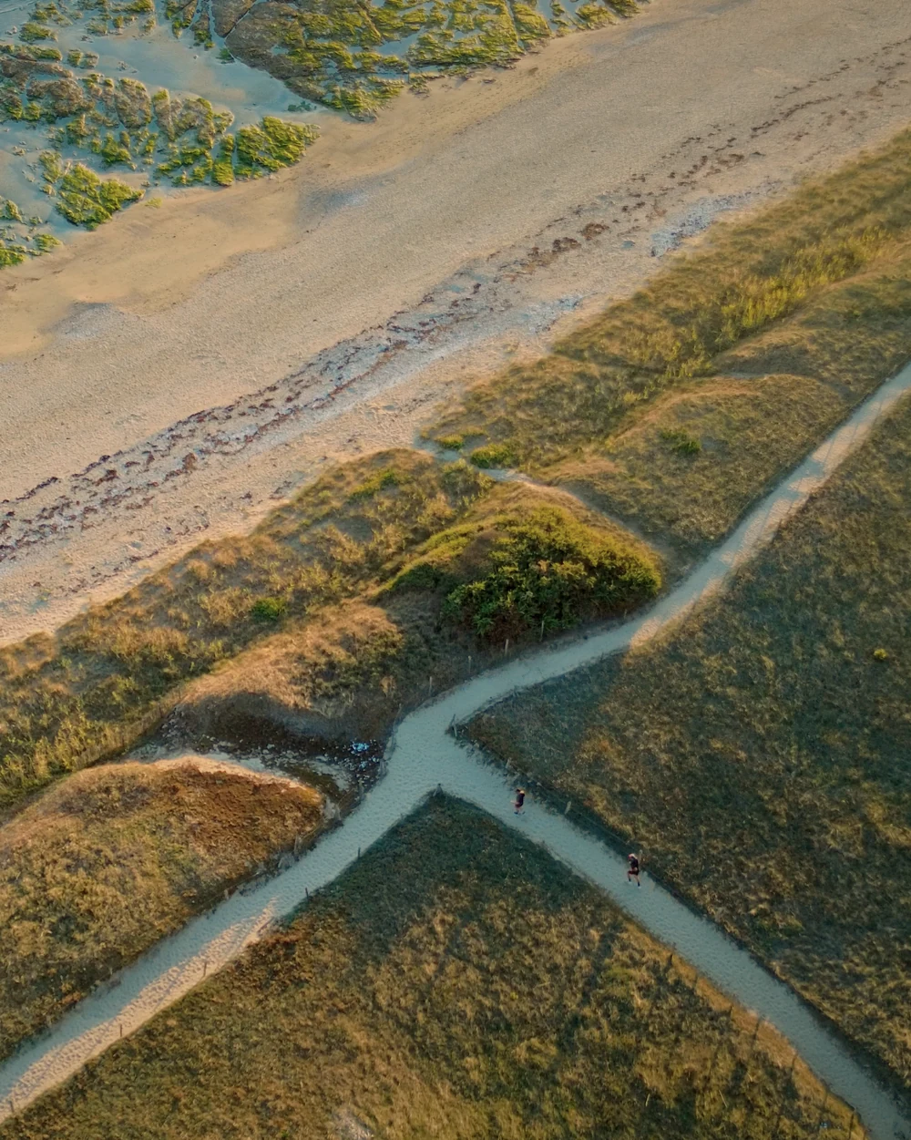 Vue aérienne du croisement des chemins dans les dunes, au soleil rasant